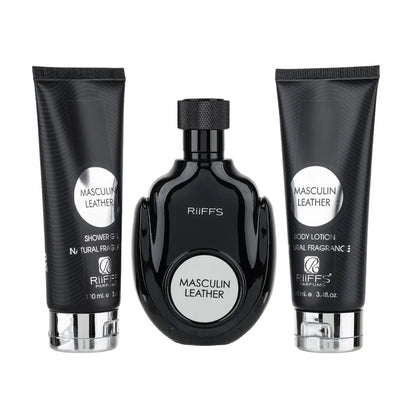 Set Cadou Masculin Leather Parfum, Gel De Dus, Lotiune de corp 100ml, Riiffs