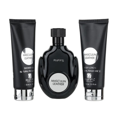 Set Cadou Masculin Leather Parfum, Gel De Dus, Lotiune de corp, Riiffs - ALSA SHOP