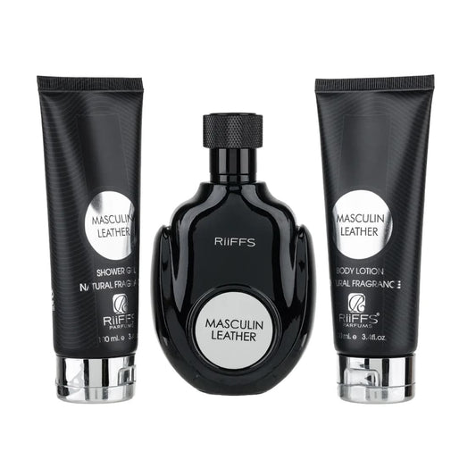 Set Cadou Masculin Leather Parfum, Gel De Dus, Lotiune de corp, Riiffs - ALSA SHOP